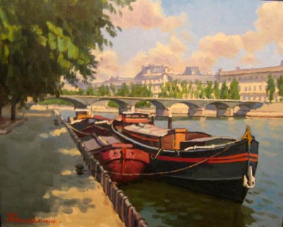 (image for) Handmade Oil painting for home canvas, oil painting framed canvas for living room Balakshin's galleries,Barges on the Seine